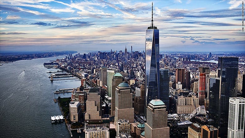 A view of the city from above, with one world trade center.