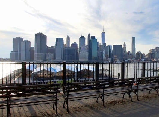 A view of the city skyline from across the river.