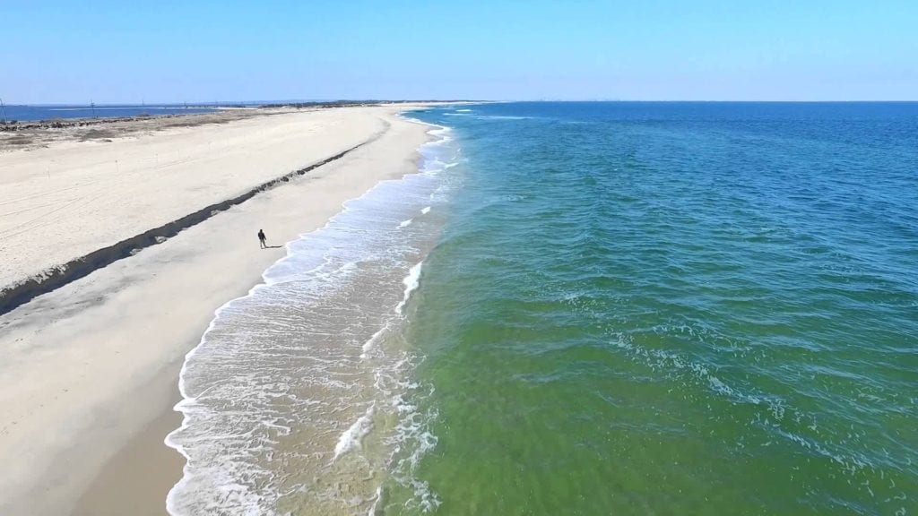 A person walking on the beach near the water.