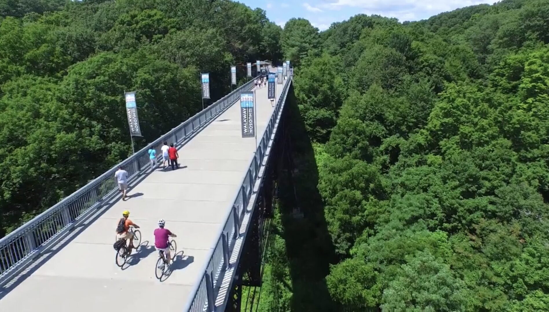 A bridge with people on it and trees in the background