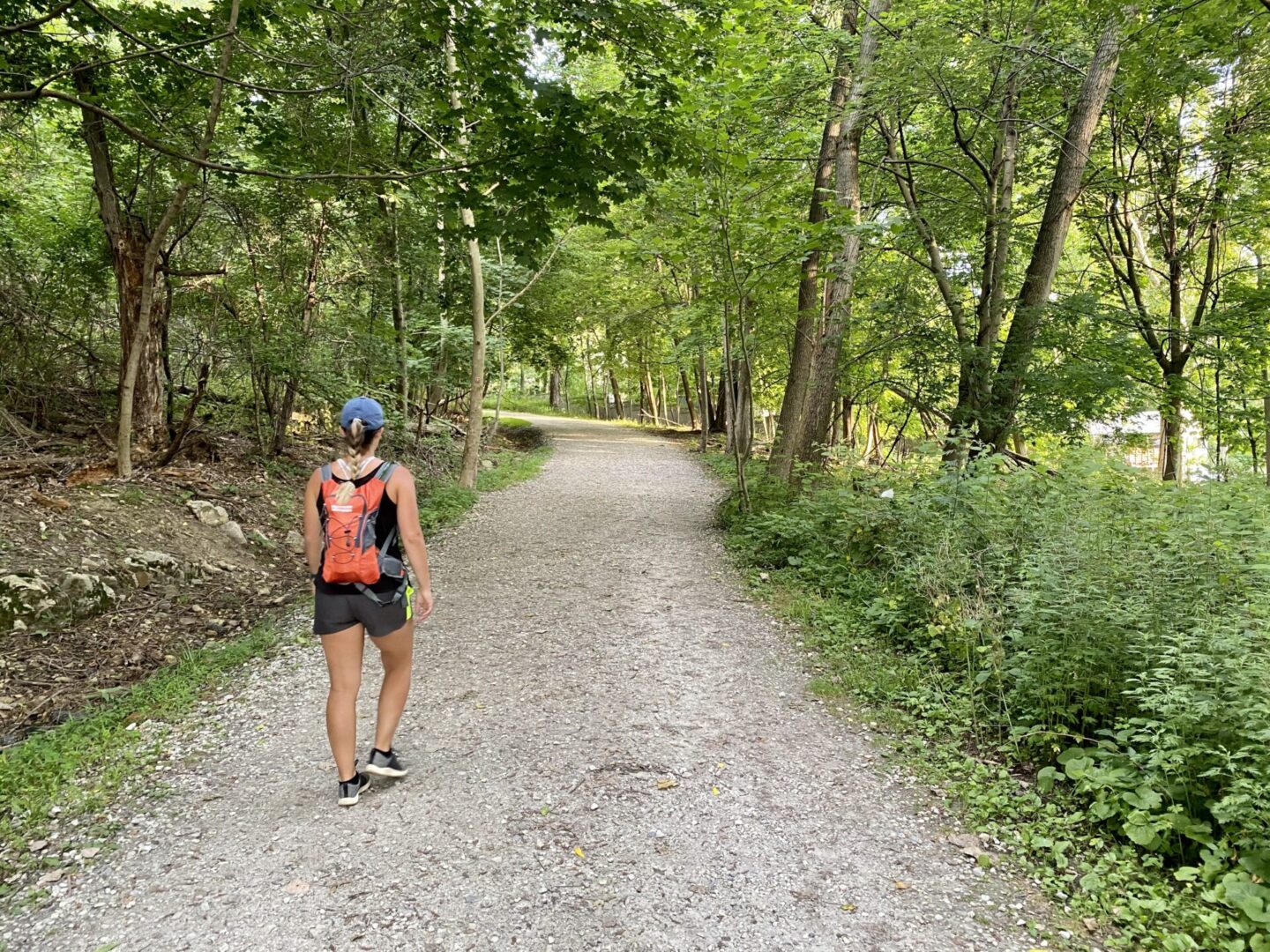 A person with a backpack is walking down the trail.