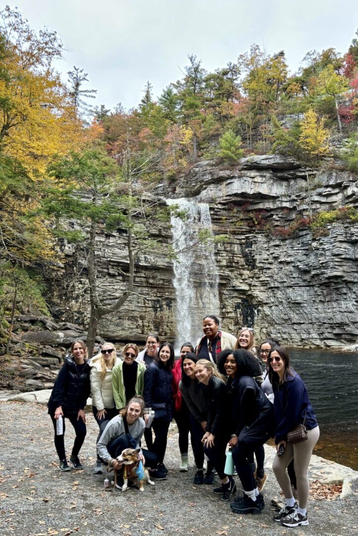 A group of people posing in front of a waterfall.
