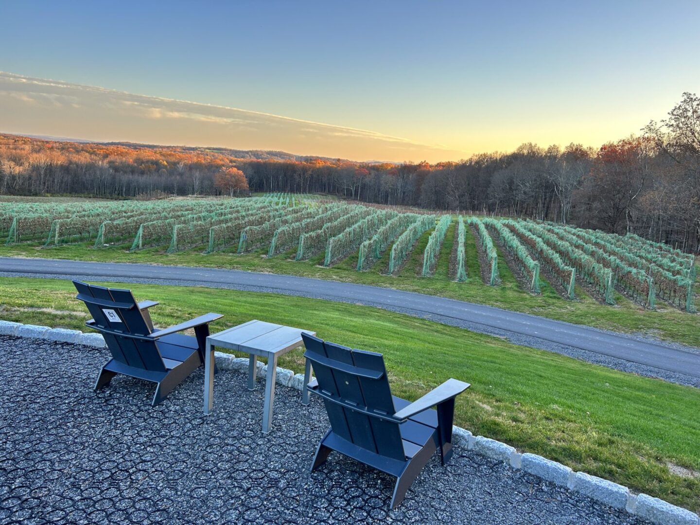 Two lawn chairs and a table on the patio of an outdoor vineyard.