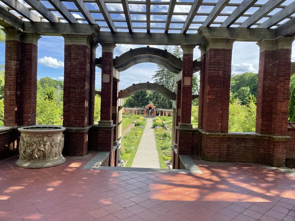 A view of an open door from inside the gazebo.